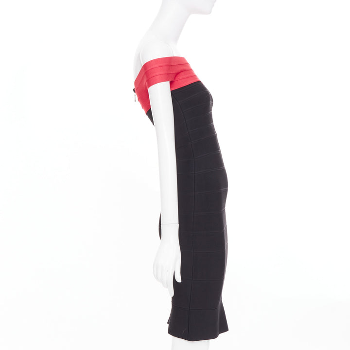 HERVE LEGER red colorblock off shoulder bandage bodycon cocktail dress XXS