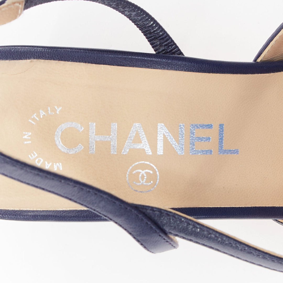 CHANEL navy blue leather black grosgrain cap toe slip on slingback pumps EU38