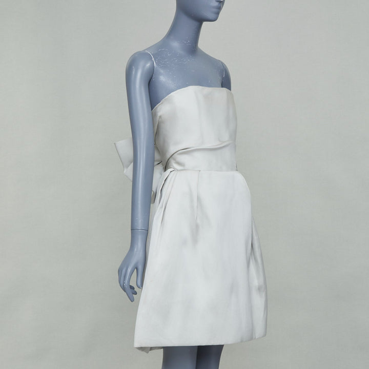 LANVIN Bridal light gray structural strapless bow back pleated bell dress FR36 S