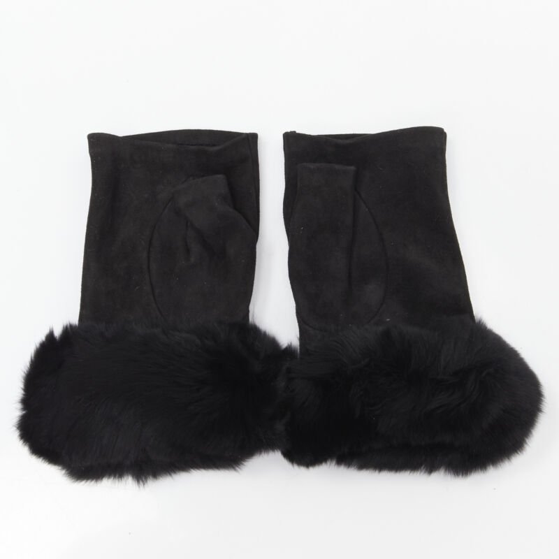 CAUSSE Gantier black soft suede leather chinchilla fur fingerless glove 6.5