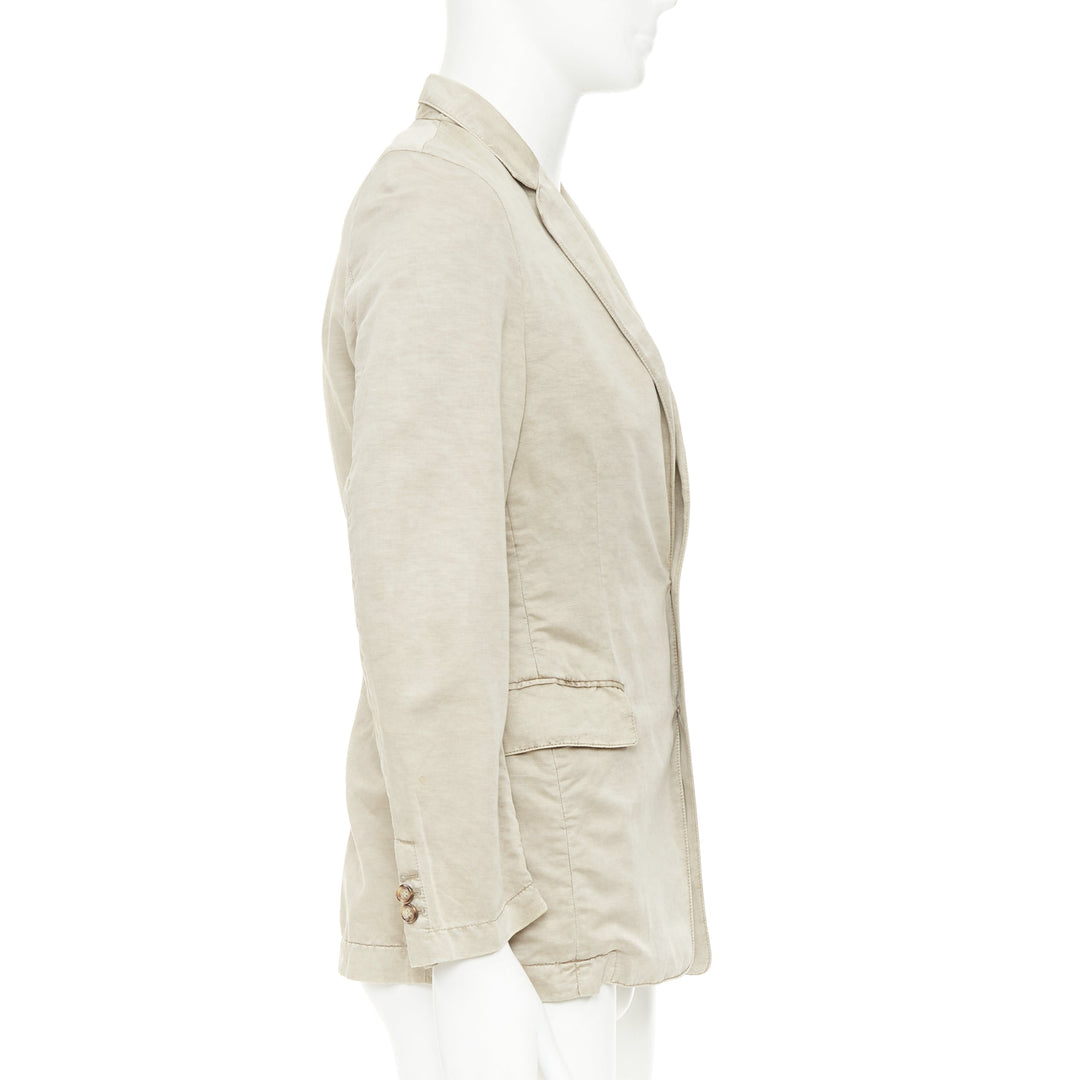 PRADA beige coated linen cotton flap pockets two button relaxed blazer IT48 M