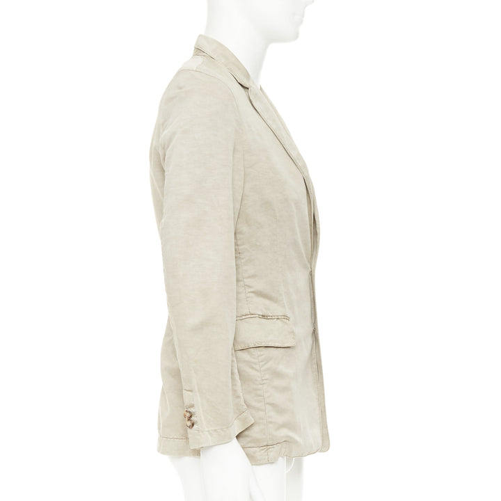 PRADA beige coated linen cotton flap pockets two button relaxed blazer IT48 M