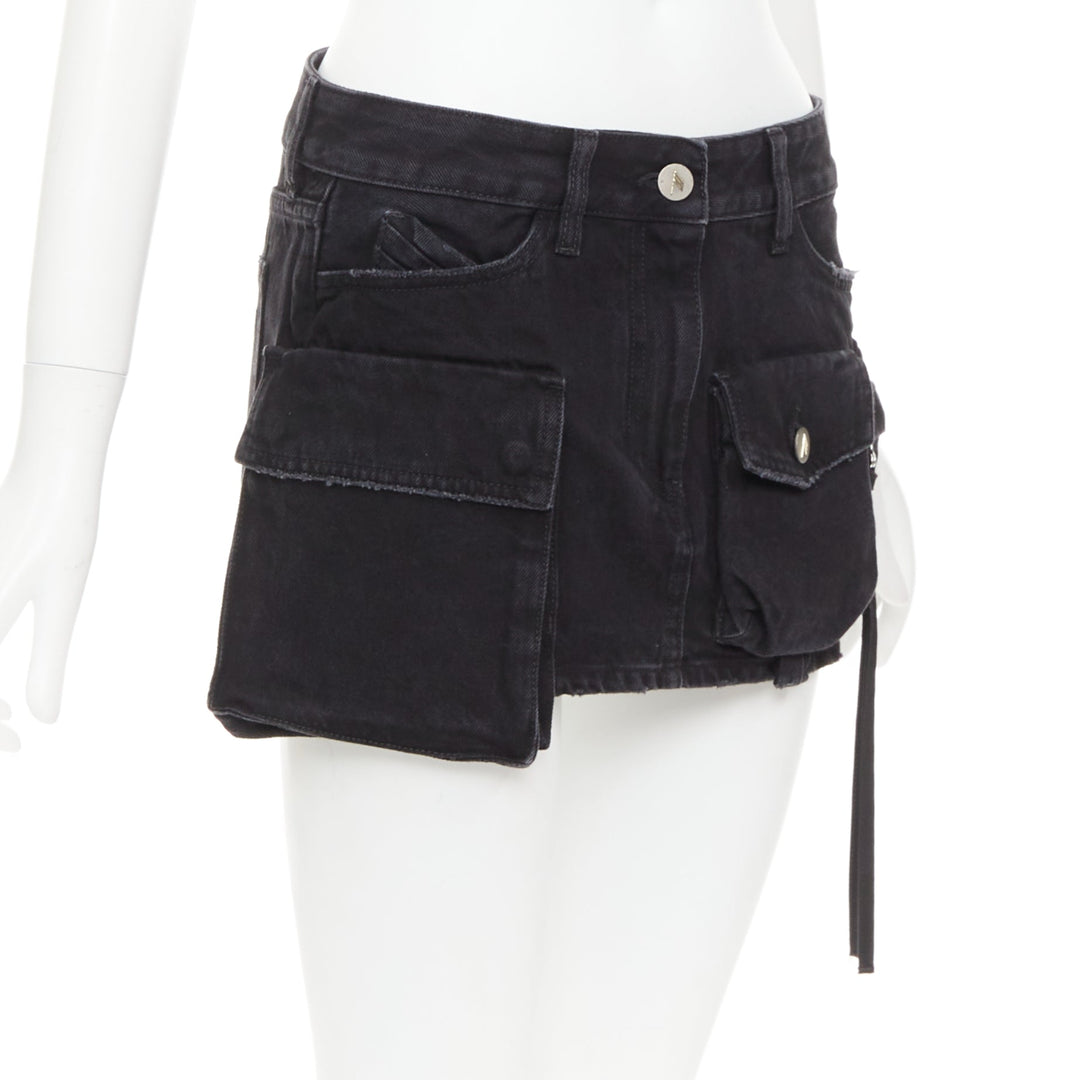 THE ATTICO Fay black cotton multi cargo pocket low rise mini skirt 25"