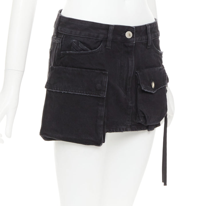 THE ATTICO Fay black cotton multi cargo pocket low rise mini skirt 25"