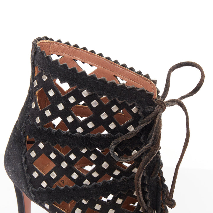 ALAIA black suede laser cut diamond lattice studded cage ankle booties EU35
