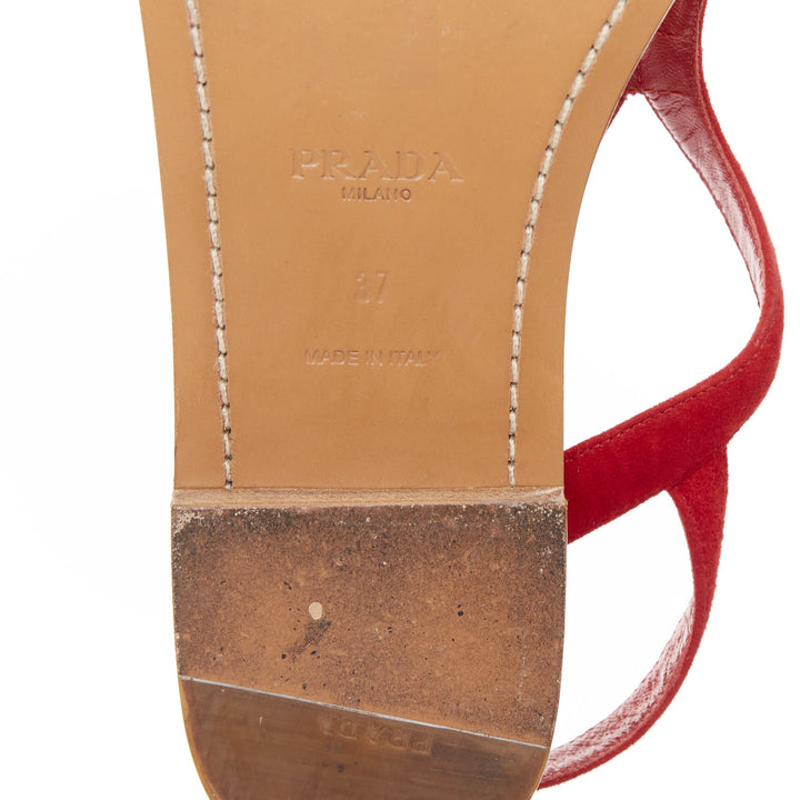 PRADA red suede leather wavy tstrap thong ankle buckle comfort flat sandals EU37