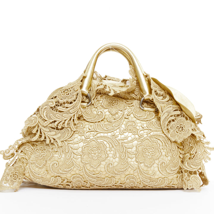 PRADA 2008 Runway Gold Oro Lace Pizzo gold macrame lace bar handle Bowler bag