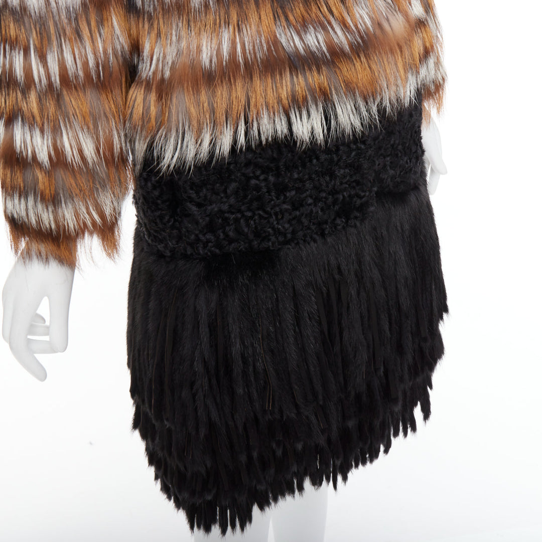 GIAMBATTISTA VALLI brown black mixed fur fringe hem long coat