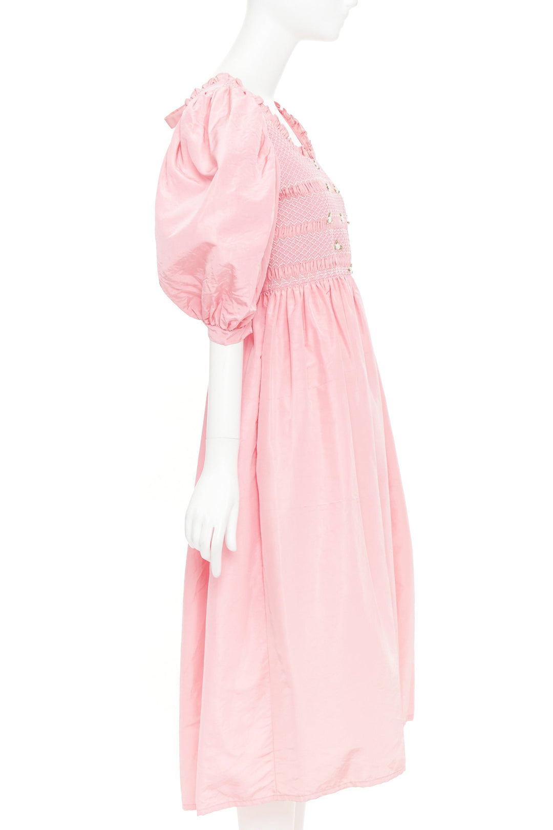 MIU MIU 2020 pink silk white flower embroidered smocked Cottage dress IT40 S