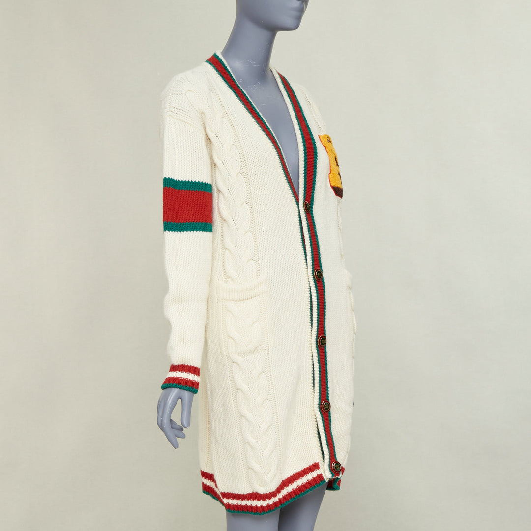 GUCCI 2018 cream wool A badge varsity long cardigan XXS Jennifer Lopez