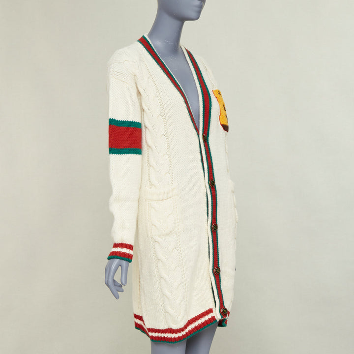 GUCCI 2018 cream wool A badge varsity long cardigan XXS Jennifer Lopez