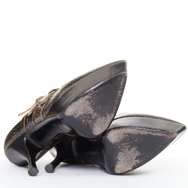 MIU MIU dark brown cracked effect leather triple strap platform heels EU37