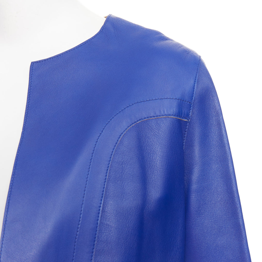 MARNI cobalt blue beige lined lamb leather rounded sleeve cropped jacket IT38 XS