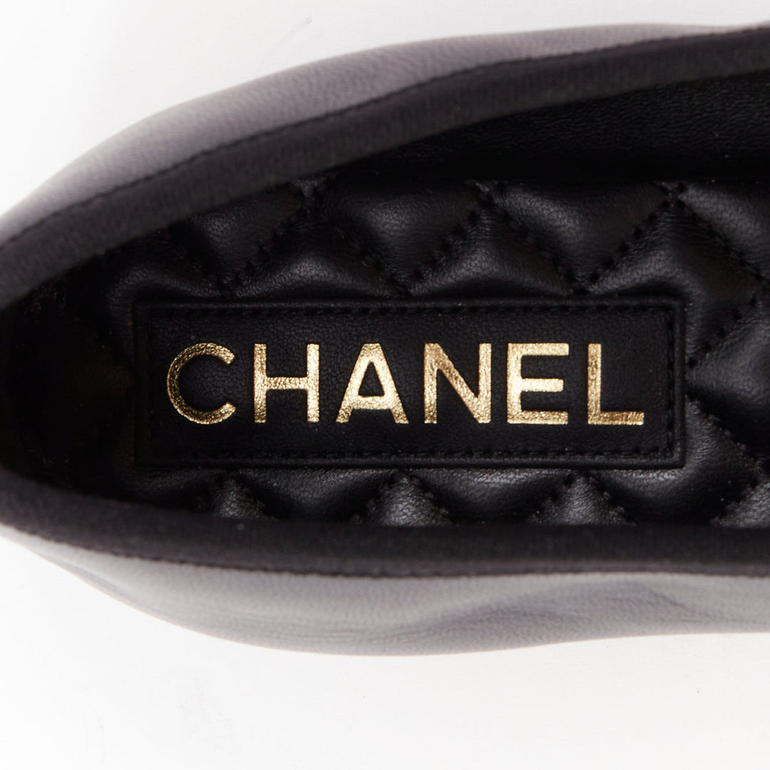 CHANEL 2024 black soft lambskin leather stitched CC cap toe mary jane flats EU39