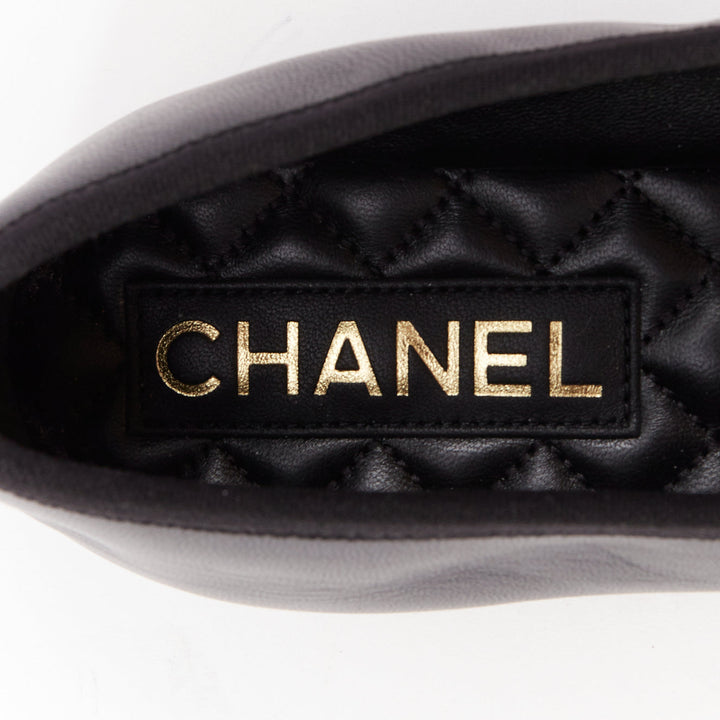CHANEL 2024 black soft lambskin leather stitched CC cap toe mary jane flats EU39