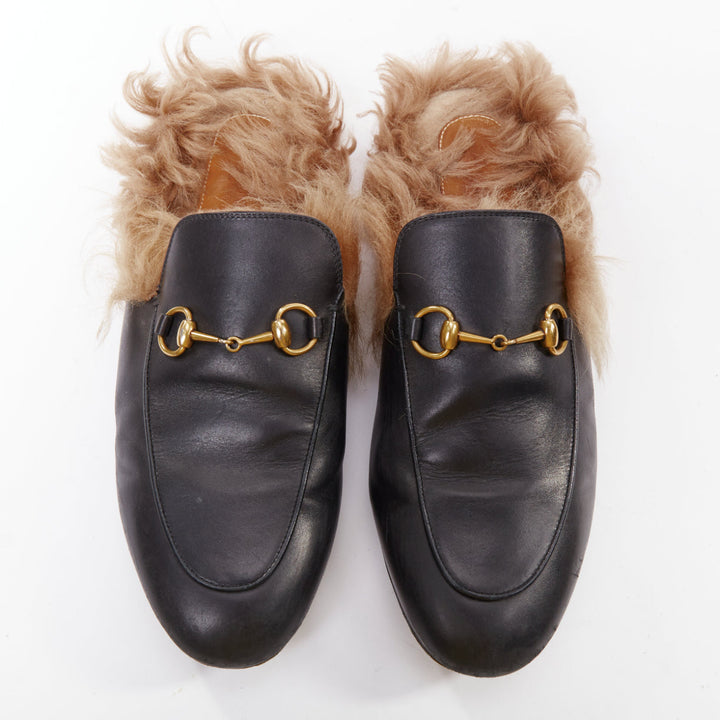 GUCCI Princetown brown fur lined black leather mule loafer EU38