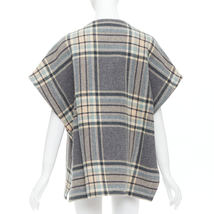 CHLOE grey pink virgin wool blend checked gold buttons cape top T3 XS