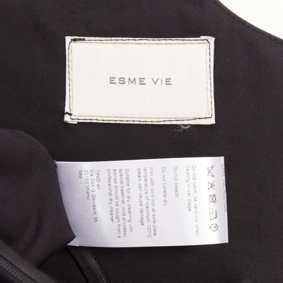 ESME VIE black cotton poplin V neck short cape sleeve pleated midi dress FR38 M