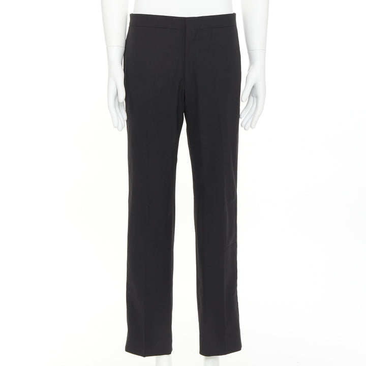 HERMES black wool blend satin trim side handstitched mid waist trousers IT50 XL