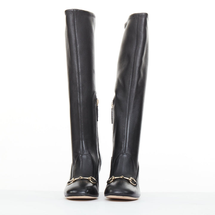 GUCCI Brixton black nappa stretch leather gold horsebit knee high boots EU38.5