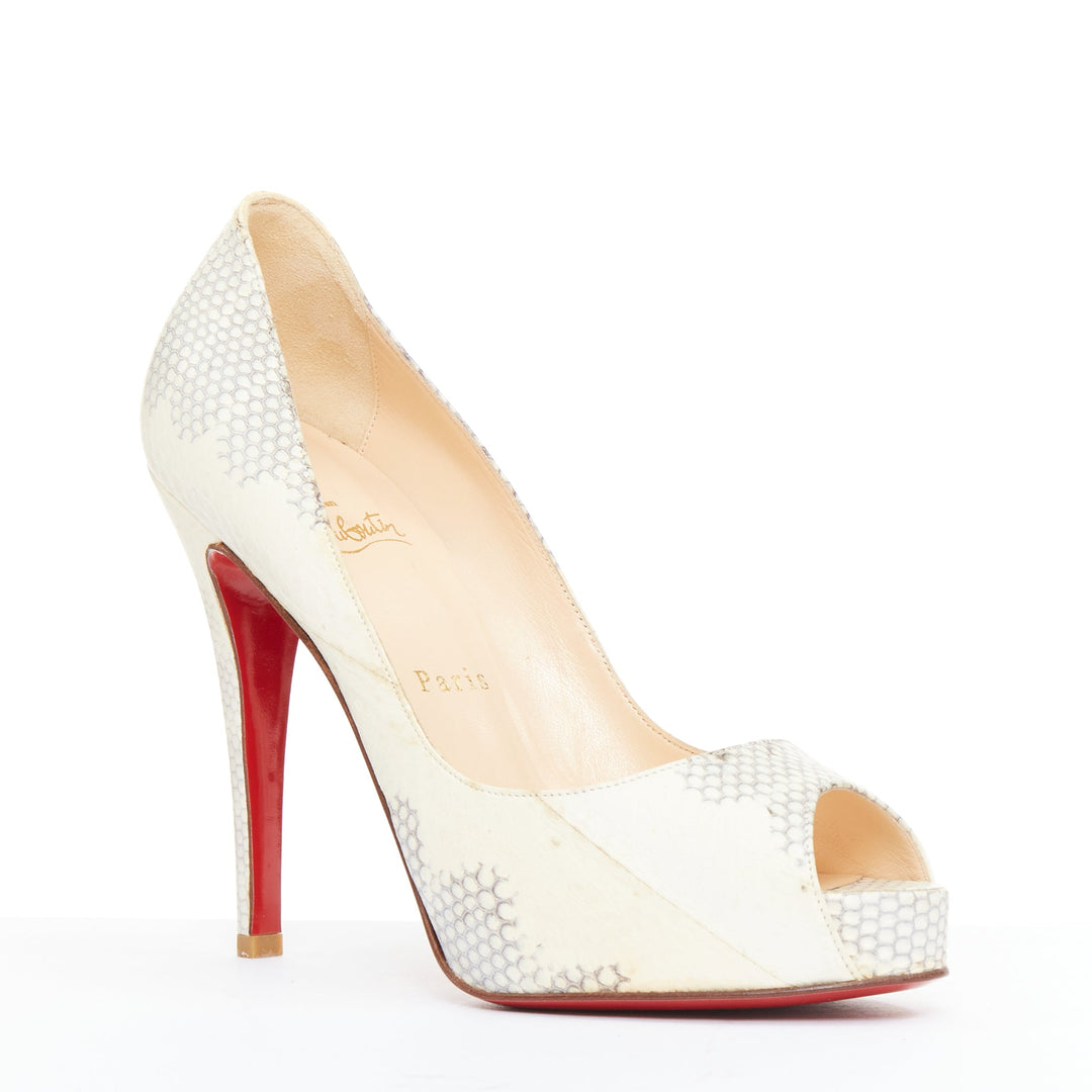CHRISTIAN LOUBOUTIN Very Prive ivory scaled leather peep platform pumps EU37.5