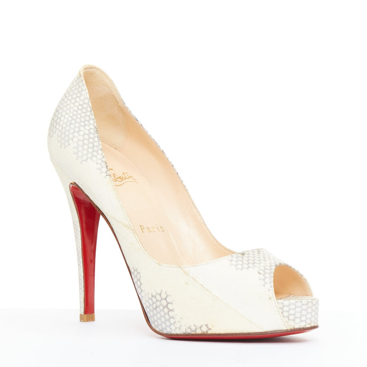 CHRISTIAN LOUBOUTIN Very Prive ivory scaled leather peep platform pumps EU37.5