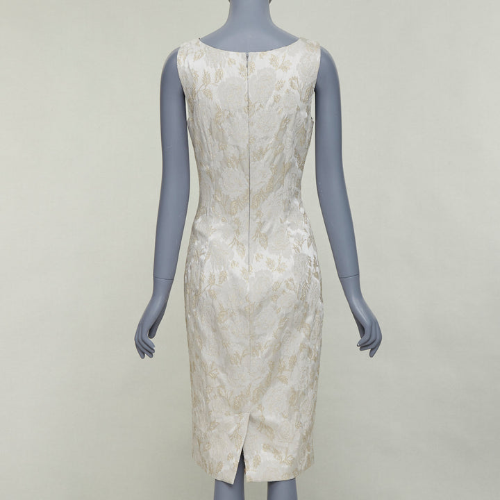 DOLCE GABBANA grey gold floral lurex jacquard bateau neck sheath dress IT42 M