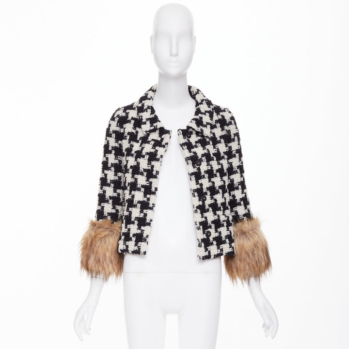 VALENTINO 2025 Runway Mossi Faux Fur Houndstooth wool tweed jacket IT36 XS
