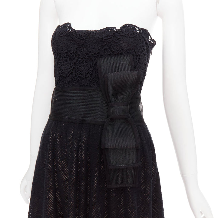 RED VALENTINO black multi lace stiff bow embellished strapless dress