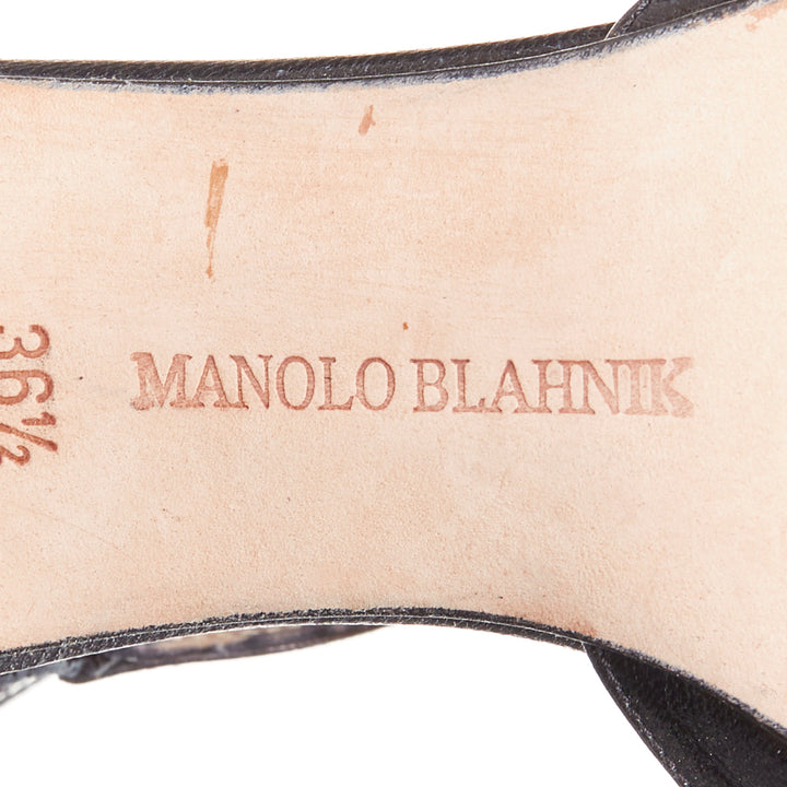 MANOLO BLAHNIK black calf leather nude pearl embellished tstrap heels EU36.5