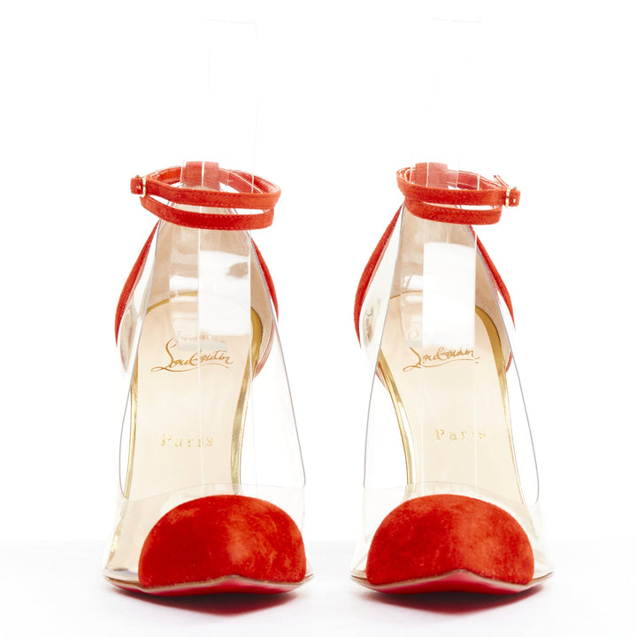 CHRISTIAN LOUBOUTIN Un Bout 100 Veau Velours mandarin red PVC pump EU37.5