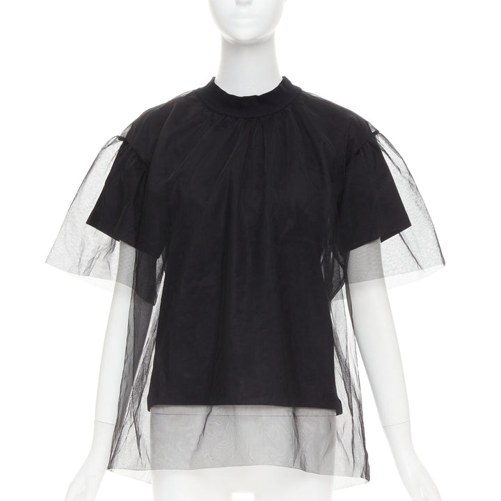 SHUSHU TONG Tulle T-shirt black mesh layered crew neck top UK6 XS