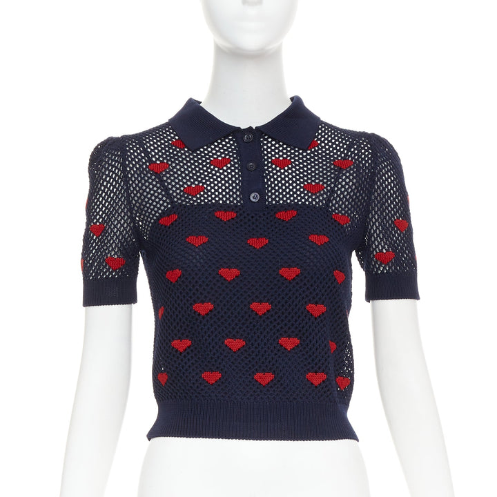 DIOR 520 Seris I Love Paris nav blue red heart knit polo shirt FR36 S