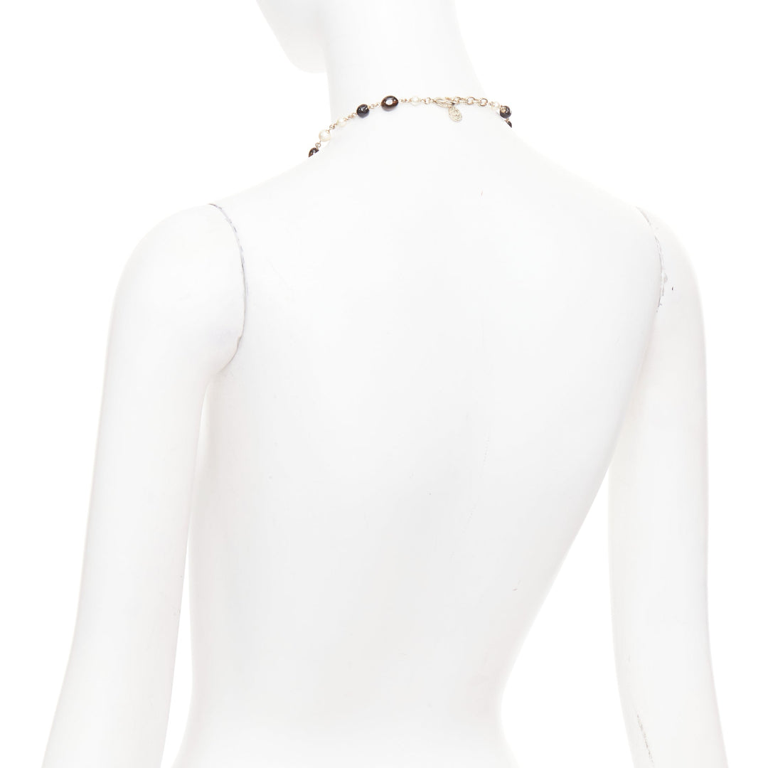 CHANEL A14C red black resin faux pearl CC logo station chain sautoir necklace