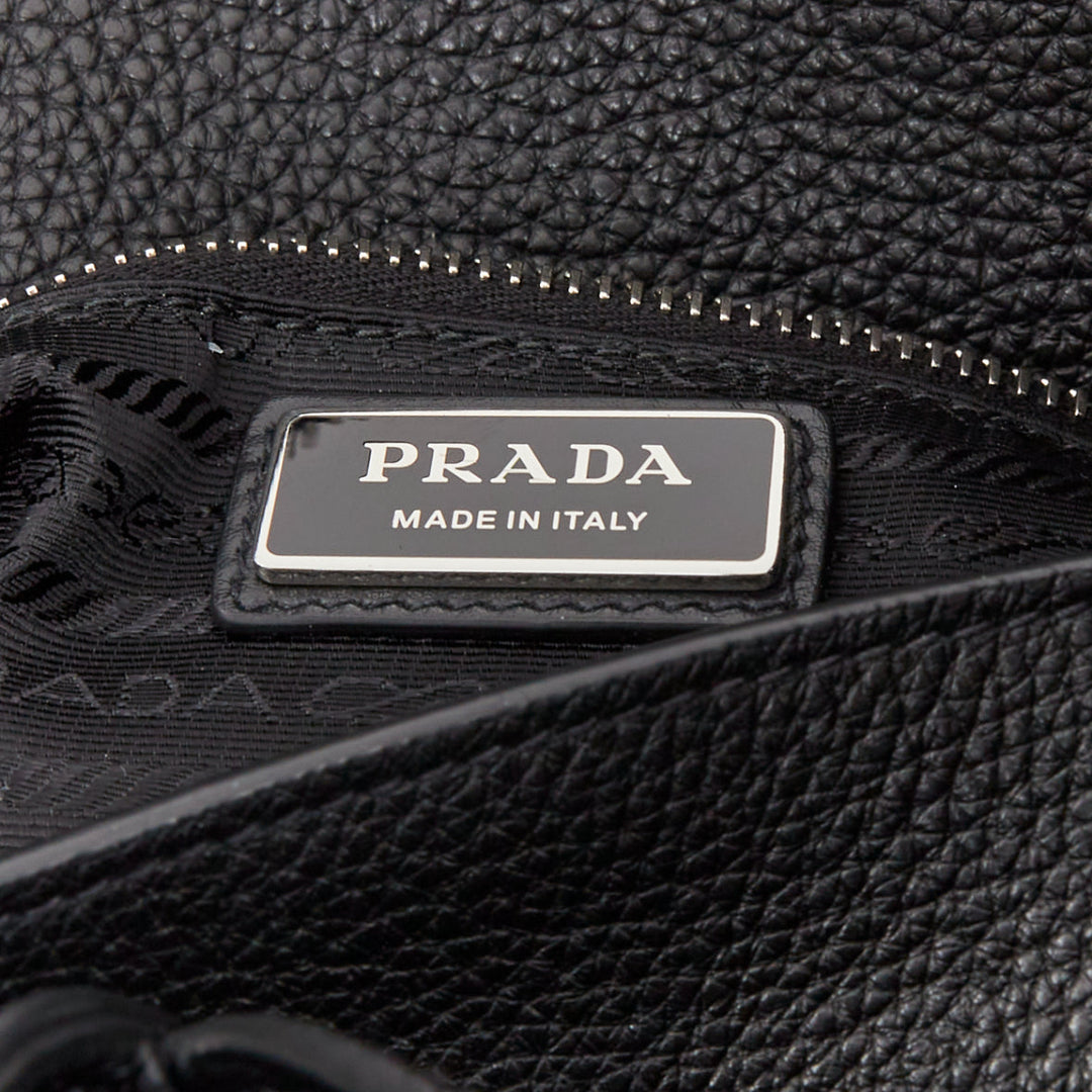 PRADA Vitello Daino metal logo black pebbled calfskin travel weekender tote bag