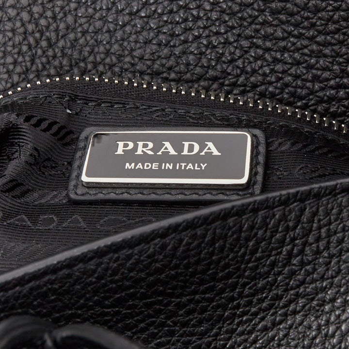 PRADA Vitello Daino metal logo black pebbled calfskin travel weekender tote bag