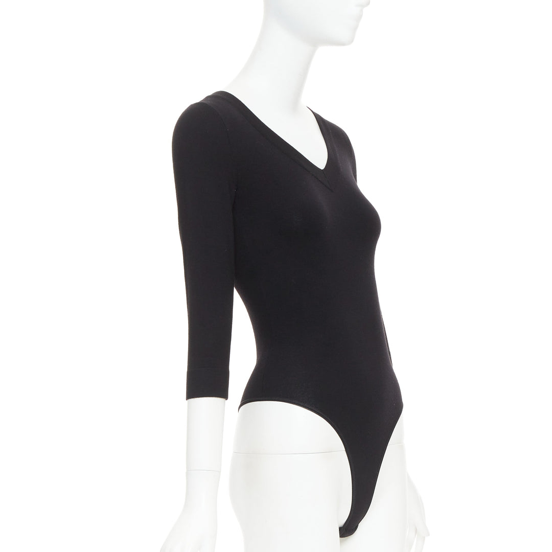 ALAIA black virgin wool blend V-neck bodysuit sweater leotard top FR36 S