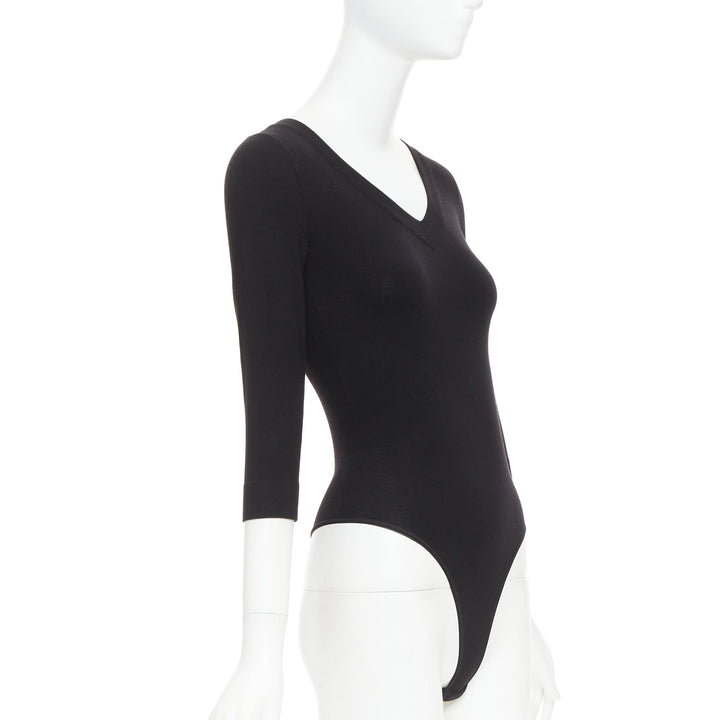 ALAIA black virgin wool blend V-neck bodysuit sweater leotard top FR36 S