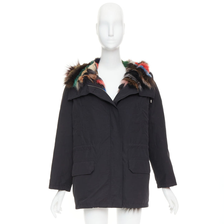 Black cotton detachable multicolour fox fur lined parka coat IT36 XXS