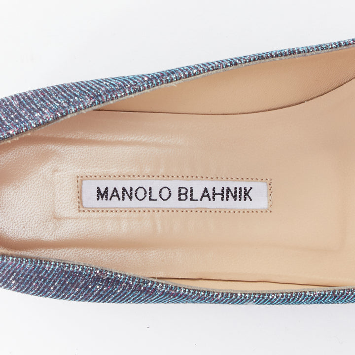 MANOLO BLAHNIK Hangisi purple glitter fabric strass buckle pointy flats EU37
