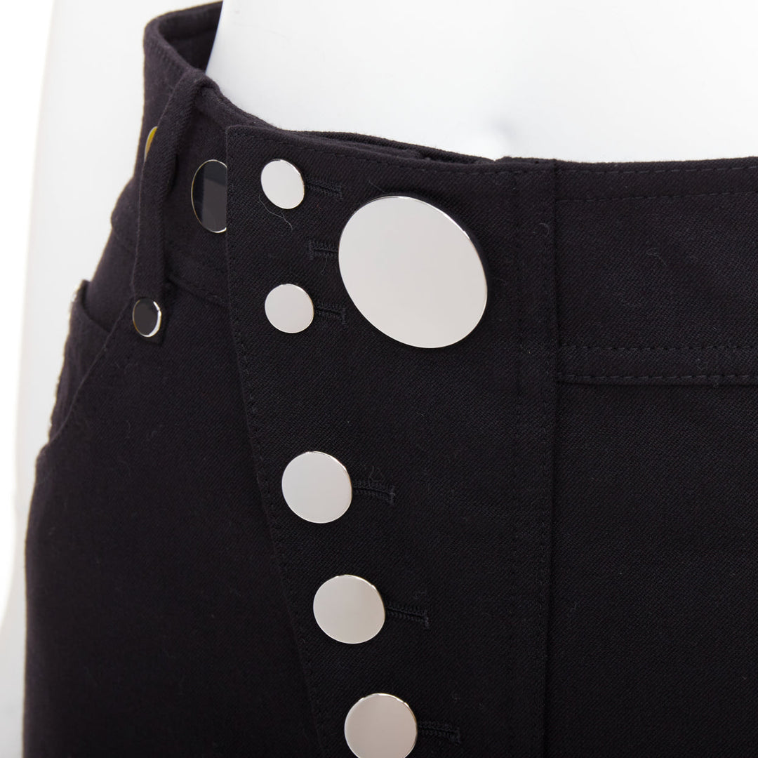 ALEXANDER WANG black virgin wool mirrored silver snap buttons skirt US2 S