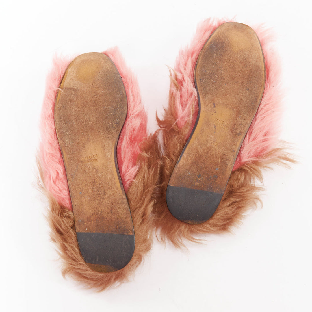 GUCCI Princetown pink brown  fluffy fur gold horsebit slip on loafer mule EU36