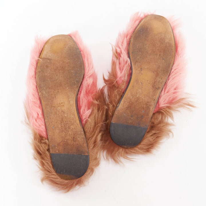 GUCCI Princetown pink brown  fluffy fur gold horsebit slip on loafer mule EU36