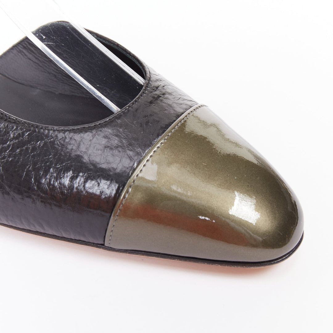 CHANEL two tone gunmetal cap toe black texture leather CC slingback flats EU38.5