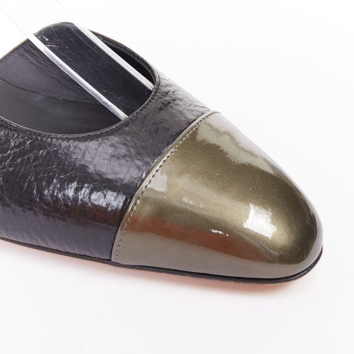CHANEL two tone gunmetal cap toe black texture leather CC slingback flats EU38.5