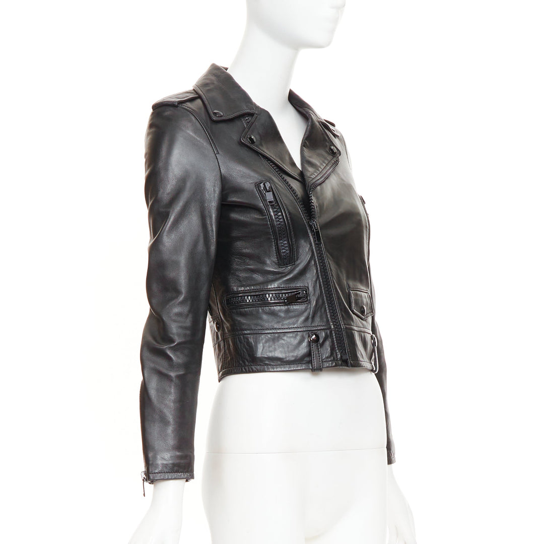 SAINT LAURENT 2015 black lambskin leather crop asymmetric biker jacket FR34 XS