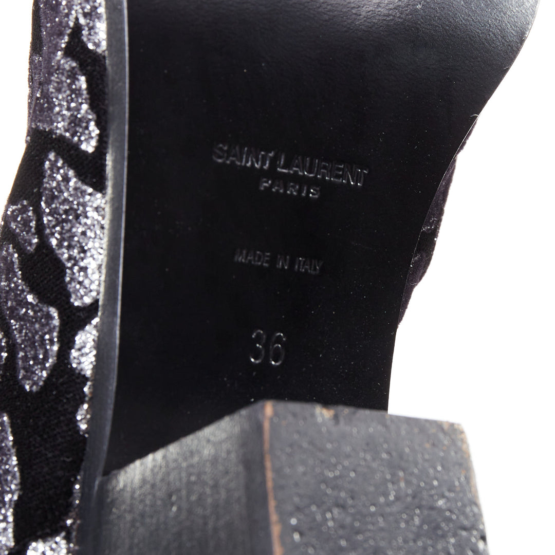 SAINT LAURENT Rock Leopard black grey glitter leopard velvet chelsea boots EU36