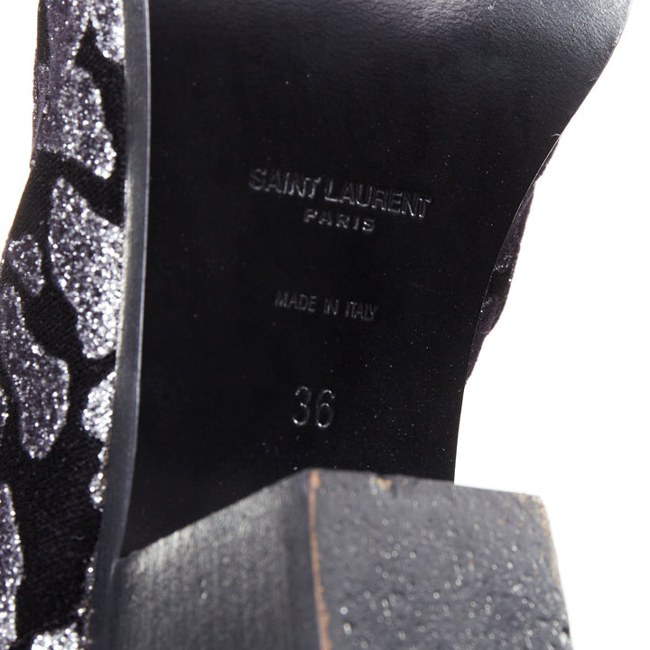 SAINT LAURENT Rock Leopard black grey glitter leopard velvet chelsea boots EU36