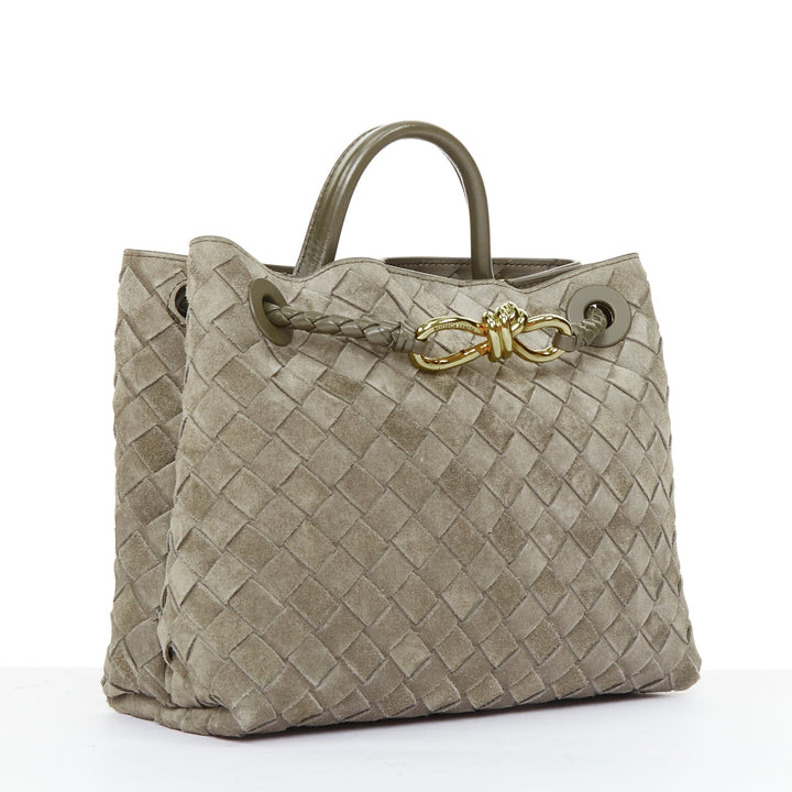 BOTTEGA VENETA Small Andiamo grey intrecciato suede gold knot tote bag