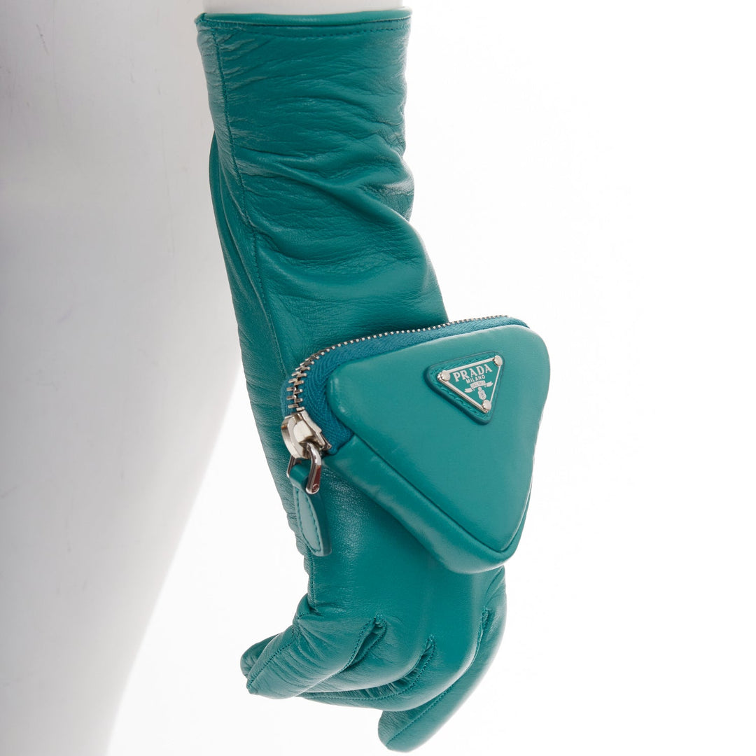 PRADA Raf Simons 2021 Runway teal lambskin leather triangle pouch gloves Sz7